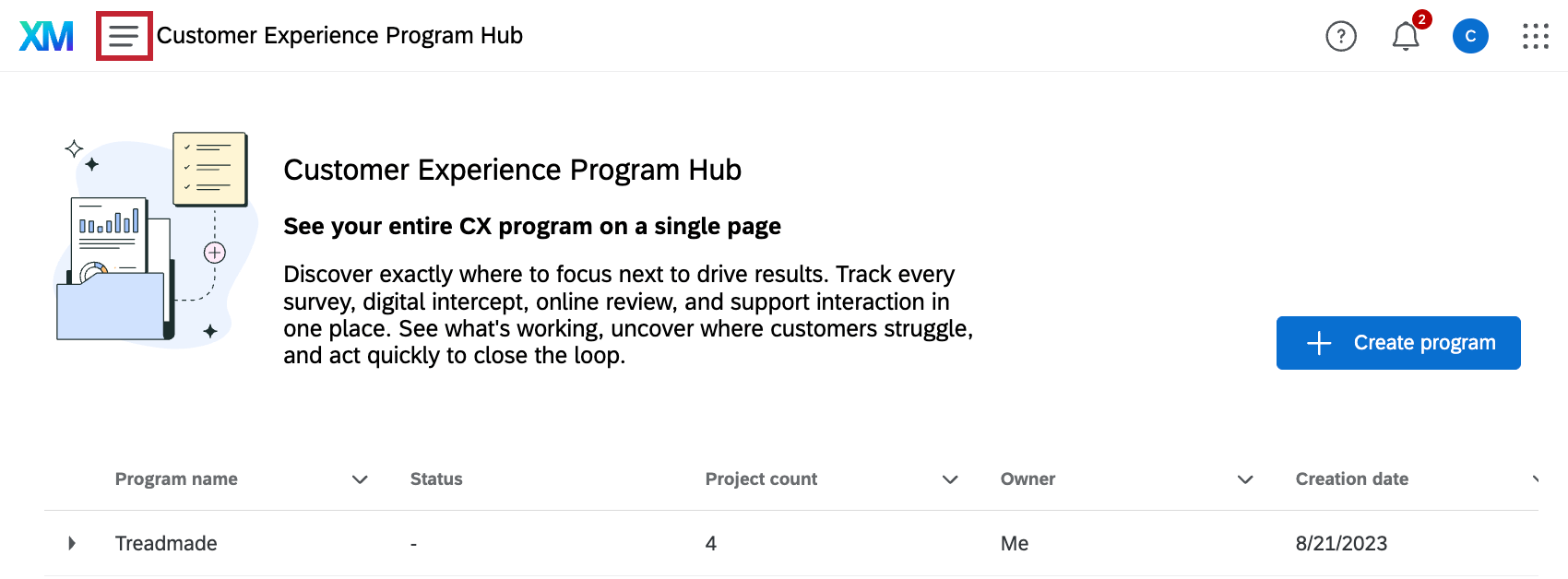 global navigation menu highlighted within the program hub page