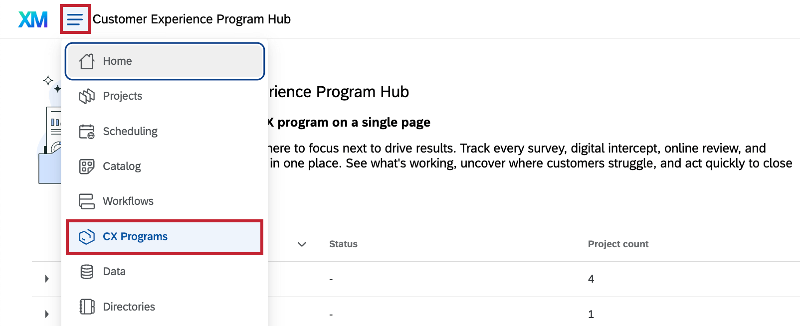 Programmes CX surlignés dans le menu de navigation global