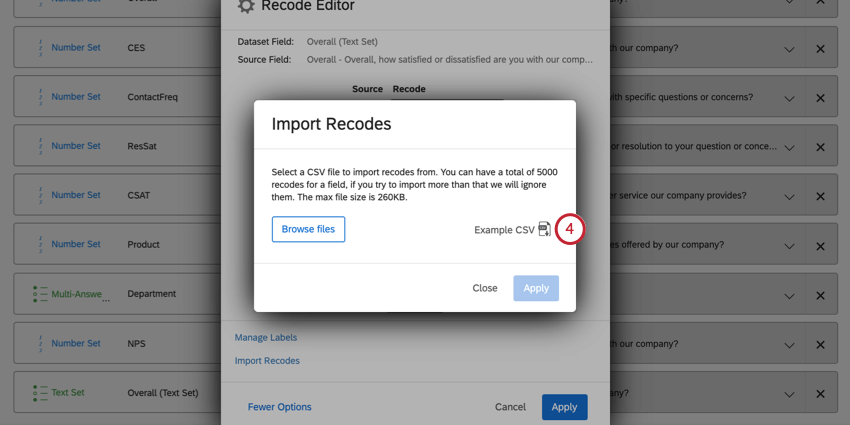 imagem do botão Exemplo de CSV no editor de recodificação