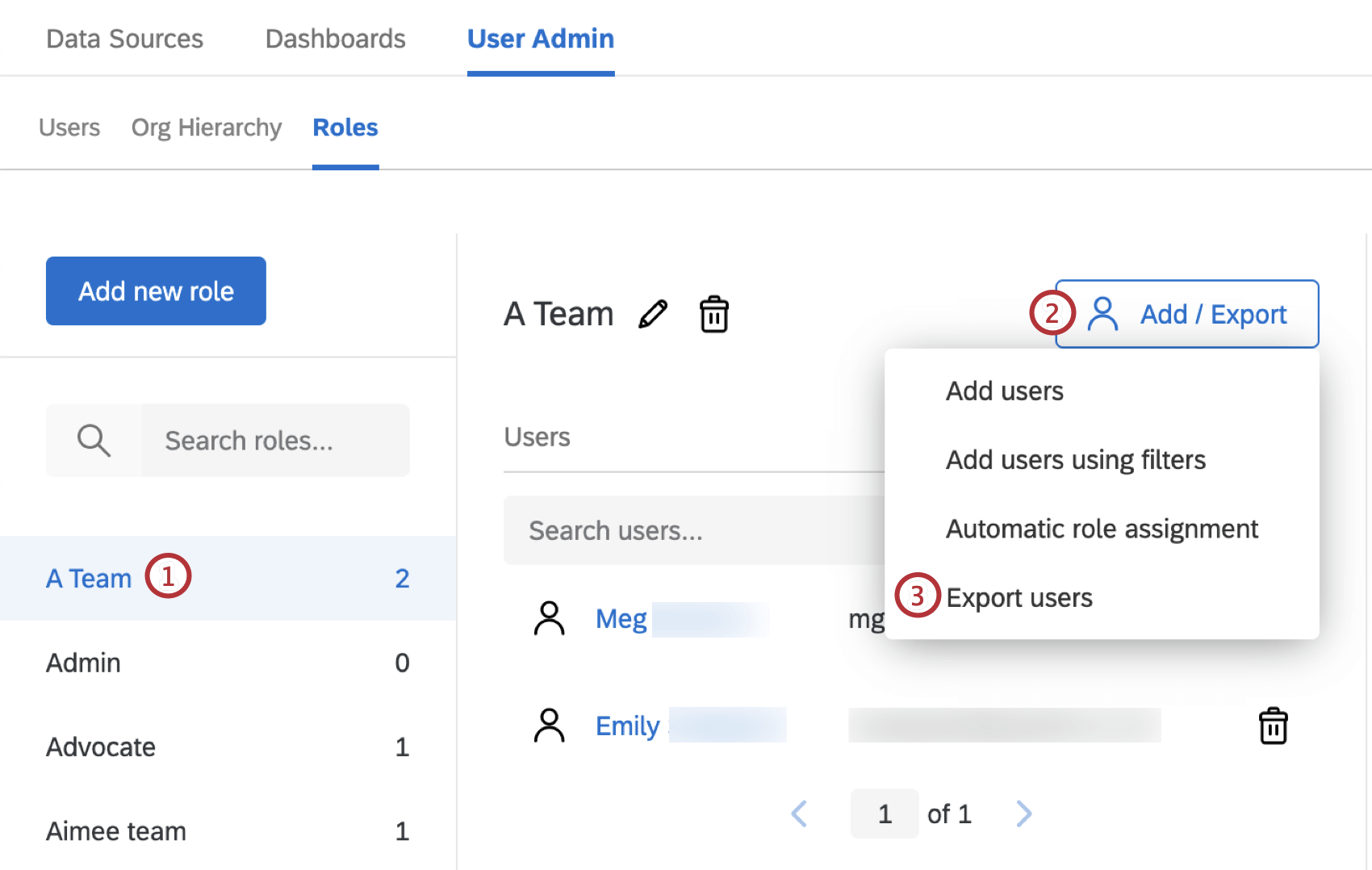 Auswählen einer Rolle und Exportieren von Benutzern