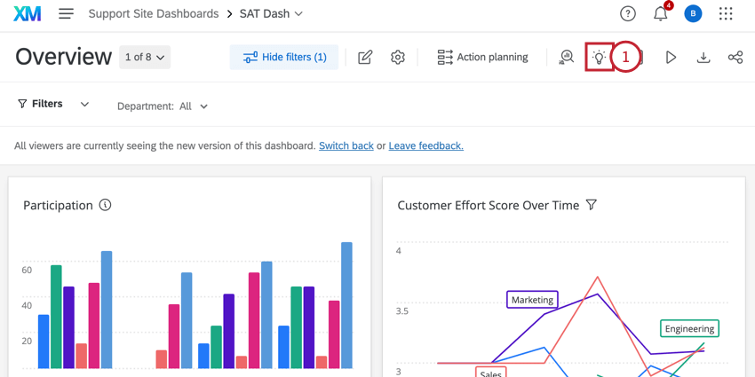 clicking the Insights icon at the top of a CX dashboard