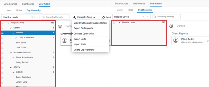 Limage de gauche montre comment les unités sont ouvertes ; limage de droite montre comment elles sont fermées. Vous ne pouvez donc pas voir tous les managers et toutes les unités listés dans la hiérarchie, mais seulement le nom de lunité / du manager le plus haut