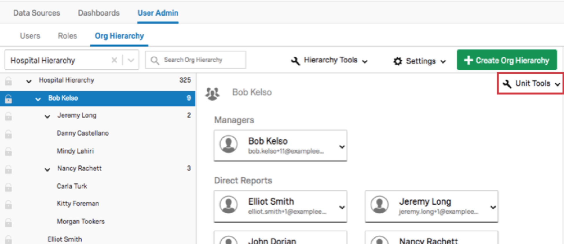 Unit Tools button on the upper-right of the Org Hierarchies section