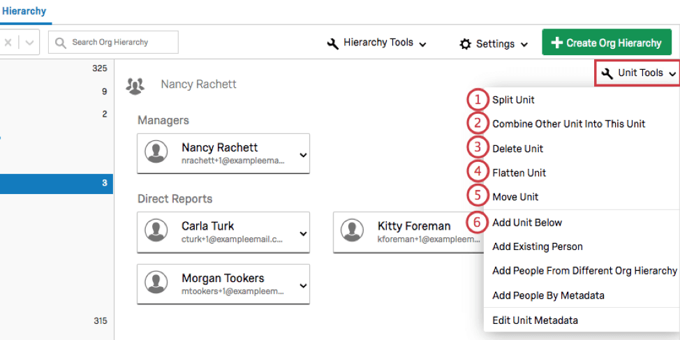 Unit Tools expanded with the first 6 options numbered