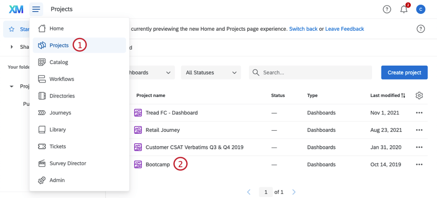 Selecting a dashboard on the projects page