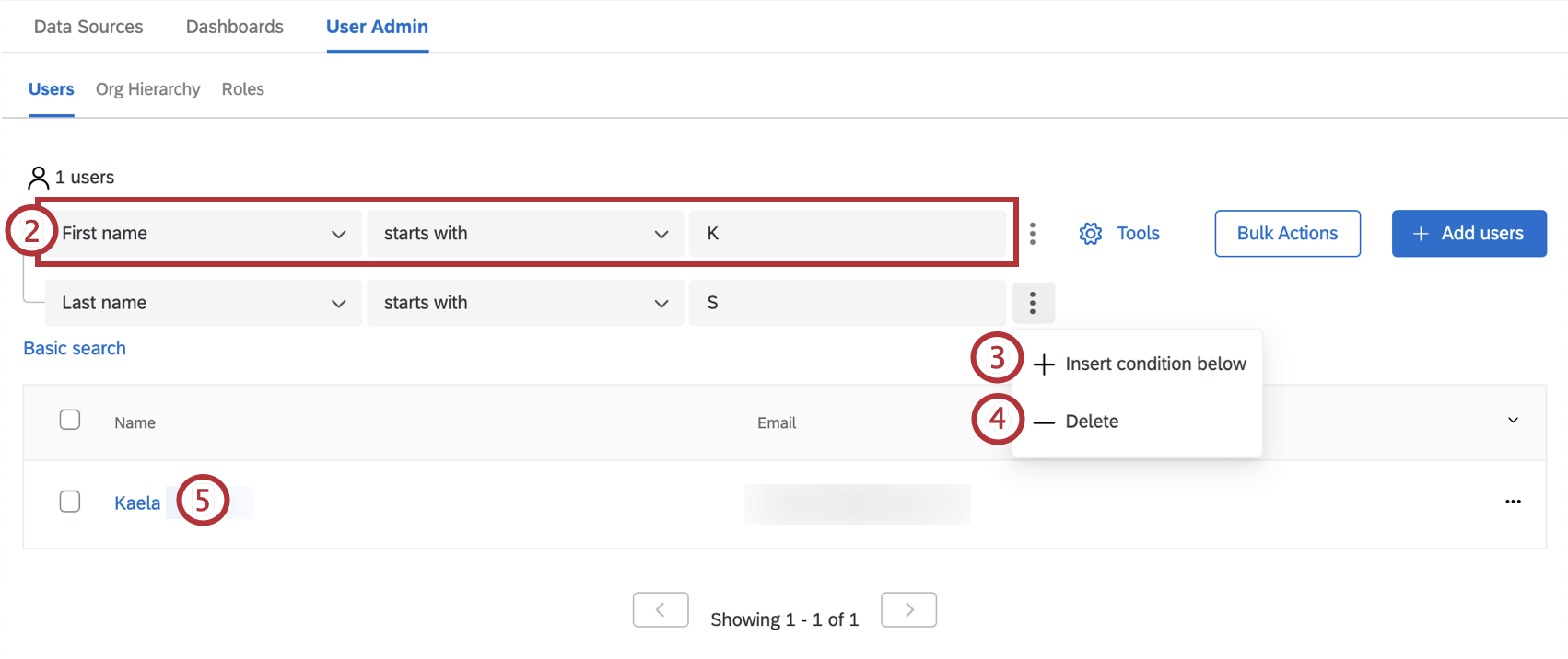 steps to use advanced search to search within the user admin tab
