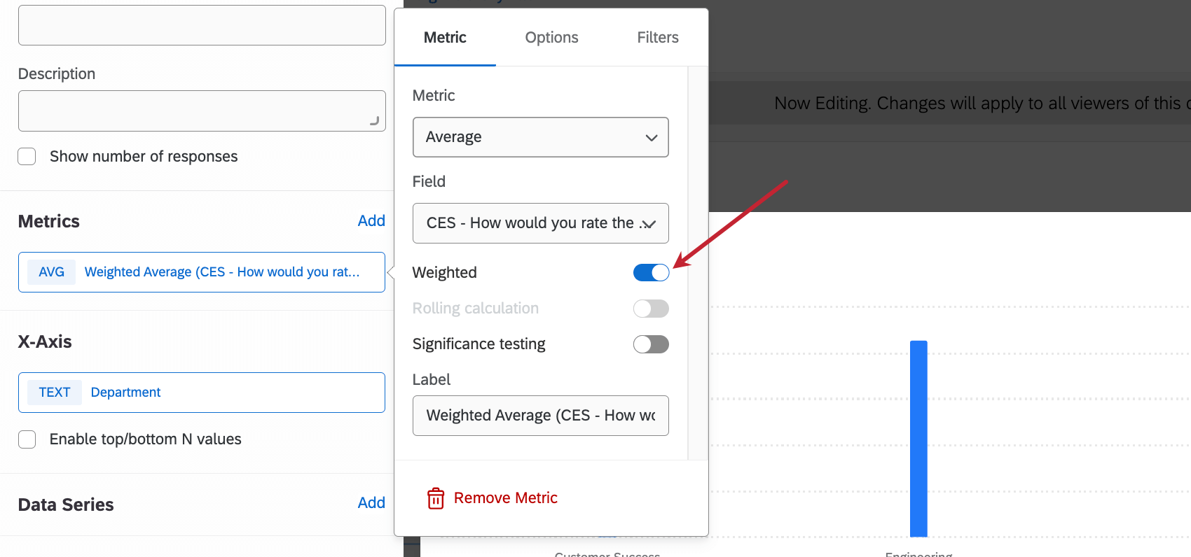 Ouverture dun widget de ligne pour le modifier, puis pondération de la métrique