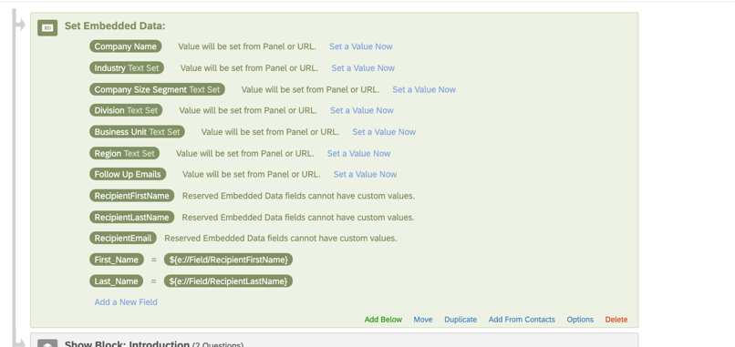 Survey flow open, green embedded data element at the very beginning