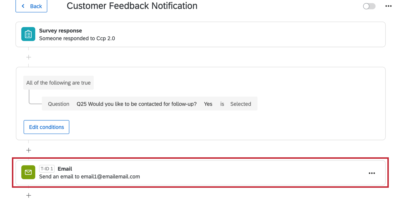 Action is open, green email icon towards bottom