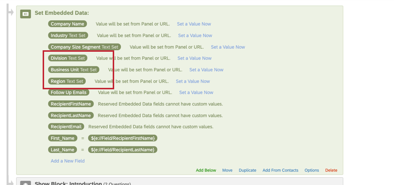 Survey flow open, green embedded data element at the very beginning