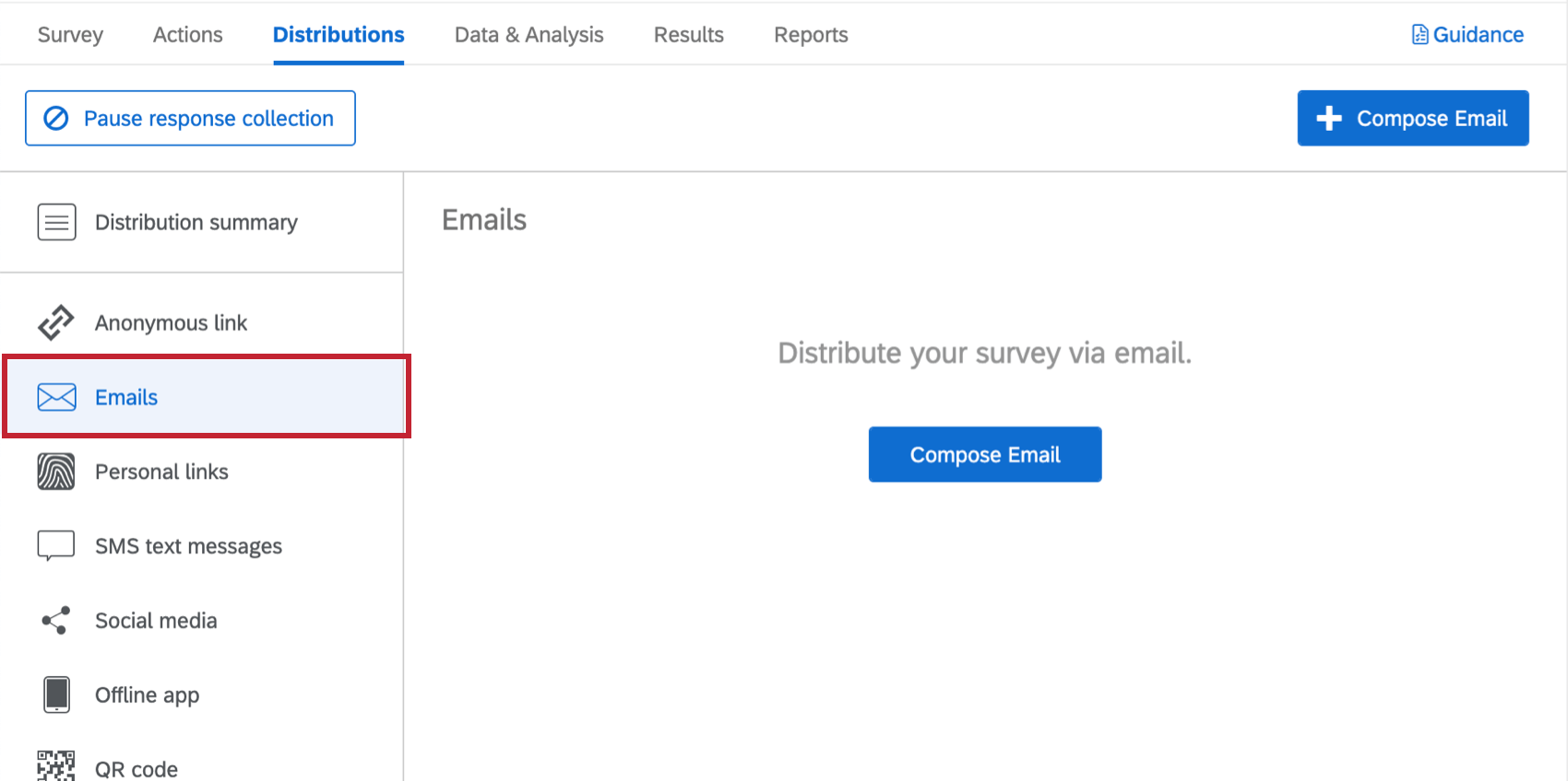 Navigieren zum Abschnitt „E-Mails“ der Registerkarte „Verteilungen“