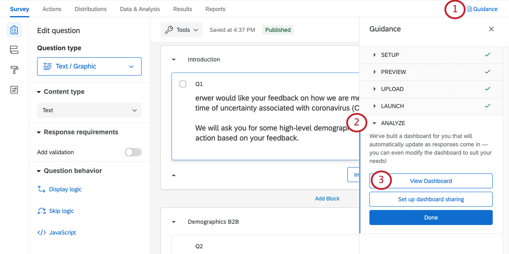 na janela de orientação, navegando até analisar e clicando em visualizar dashboard