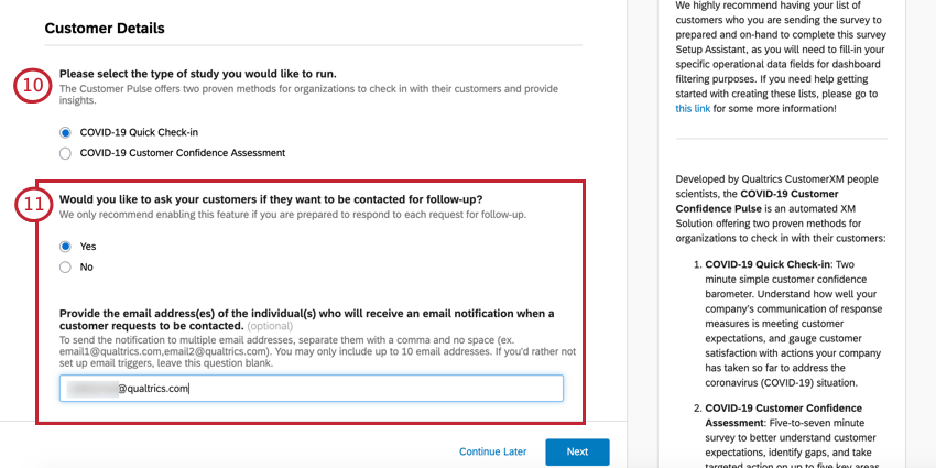Deux questions à choix multiple et une saisie du texte qui apparaît lorsque vous répondez "oui" à la question précédente