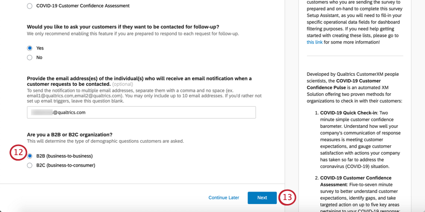 Na parte inferior da primeira página, perguntas múltipla escolha com opções B2B e B2C. Abaixo disso, à direita, um botão azul Avançar