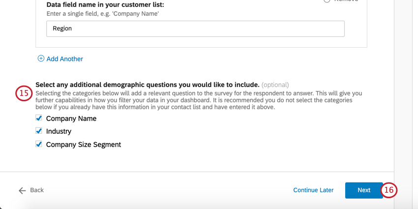 Multiple choice multiple answer questions with company name, industry, and company size segment selected. Lower, right, blue Next button
