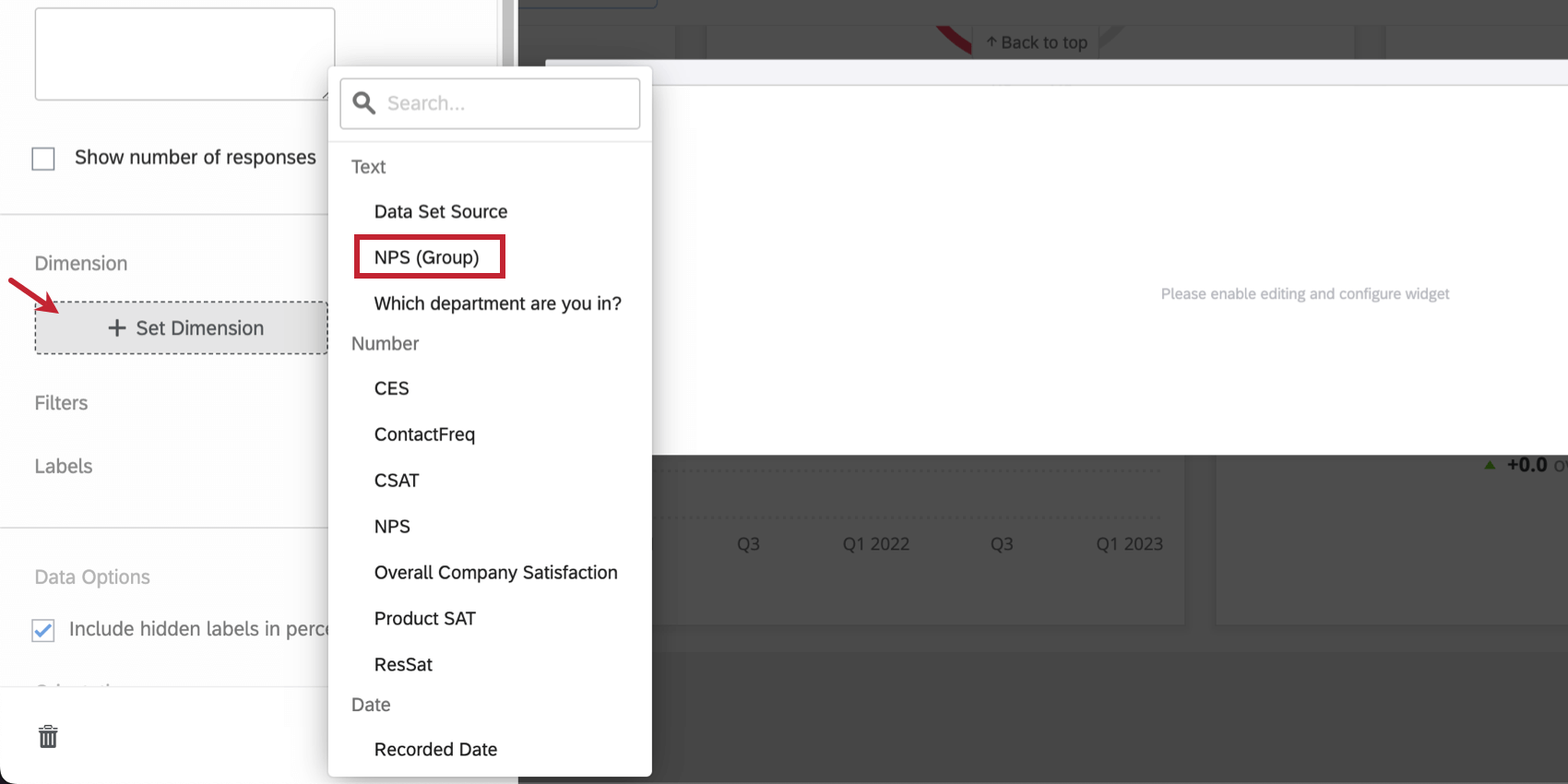 Une fois que lon a cliqué sur le widget, le volet dédition souvre sur la gauche, et lon y trouve les champs décrits dans les étapes