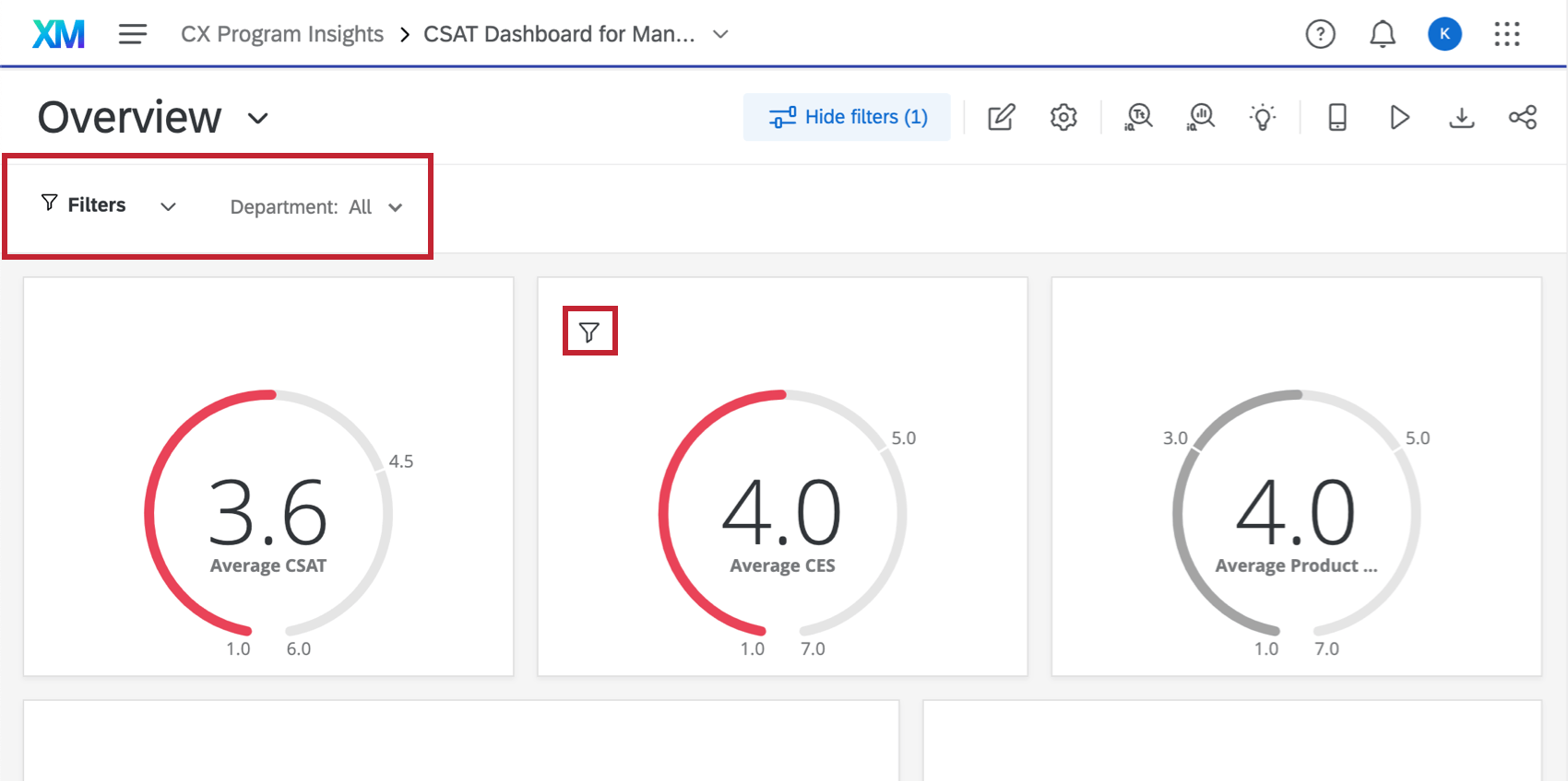 Page filters are listed in top navigation bars. Widget level filters are listed as a little funnel icon in the upper-left of a widget