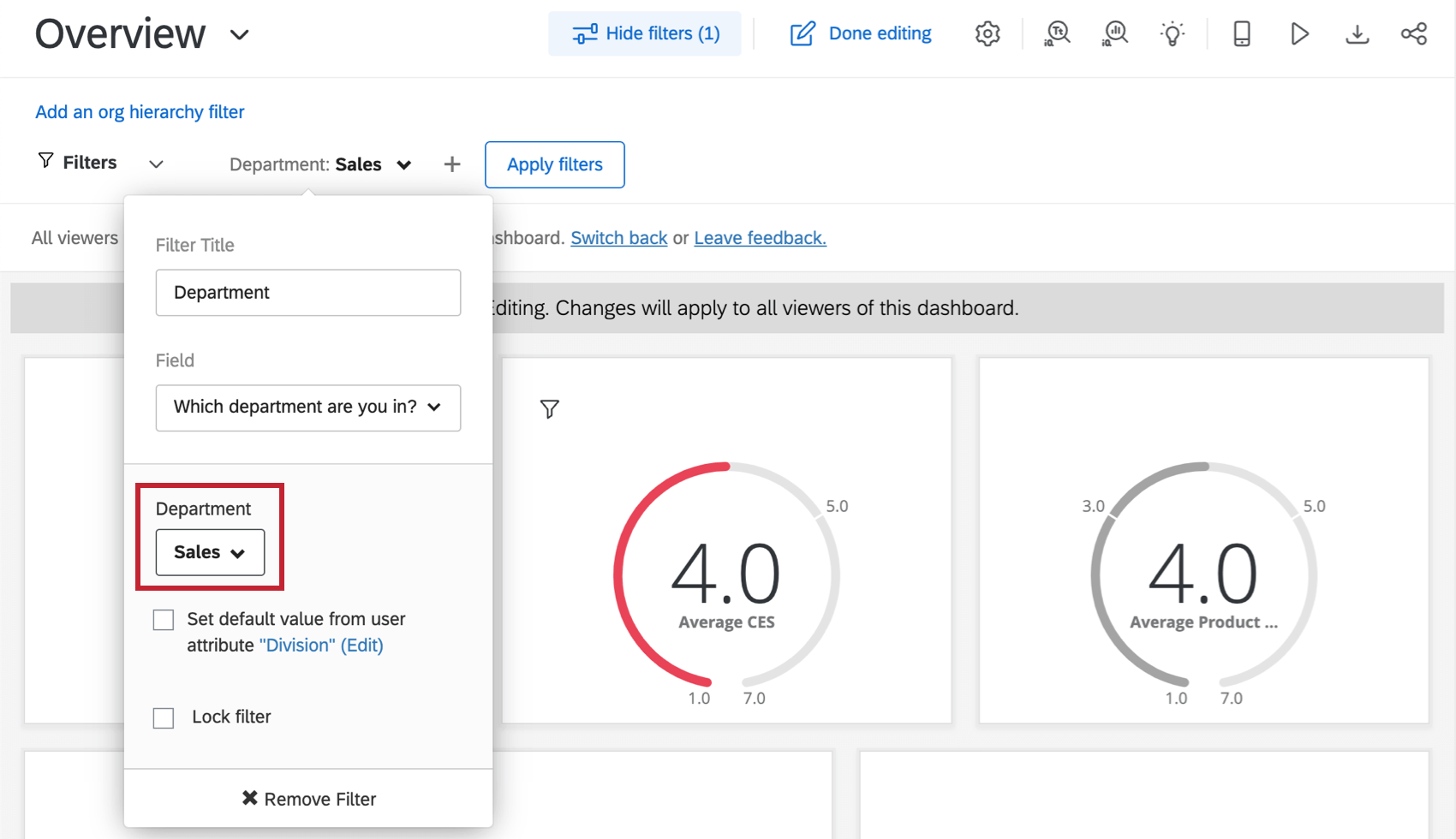 Filtre élargi pour montrer les paramètres décrits