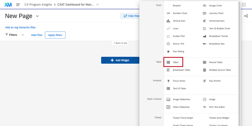 Menü über die Schaltfläche Widget hinzufügen“ erweitert