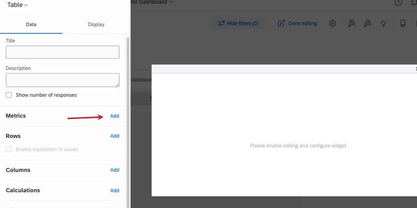 ウィジェット編集ペインのMetricsセクションでAddボタンをクリックする。