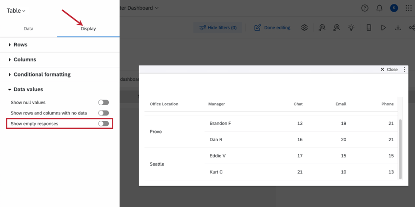 Option "Leere Antworten anzeigen", ausgeblendet in der Dropdown-Liste "Datenwerte" auf der Registerkarte "Anzeigen"