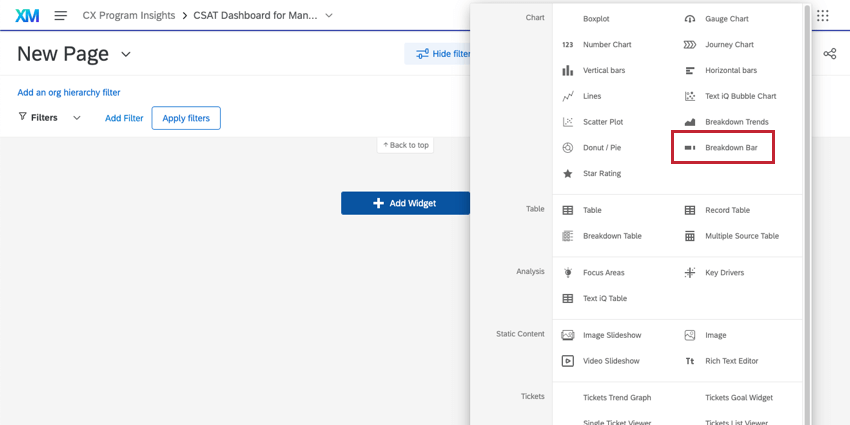 Menú ampliado desde el botón Agregar widget