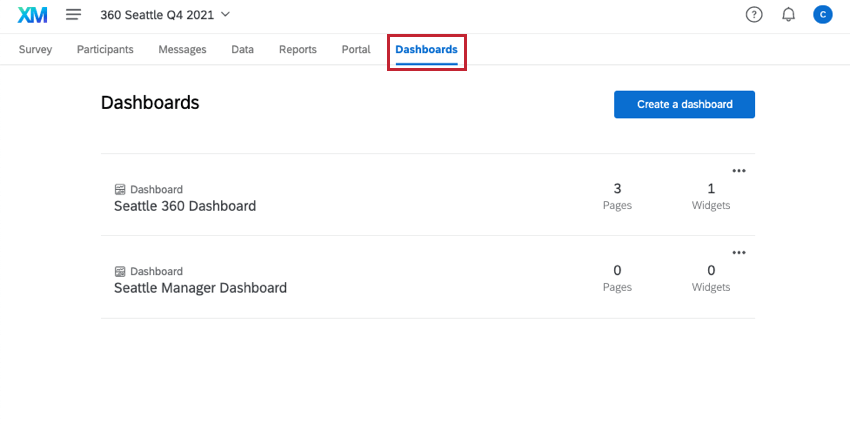a guia dashboards em um projeto 360