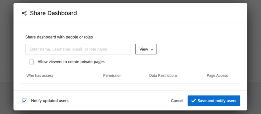 sharing modal for sharing a dashboard