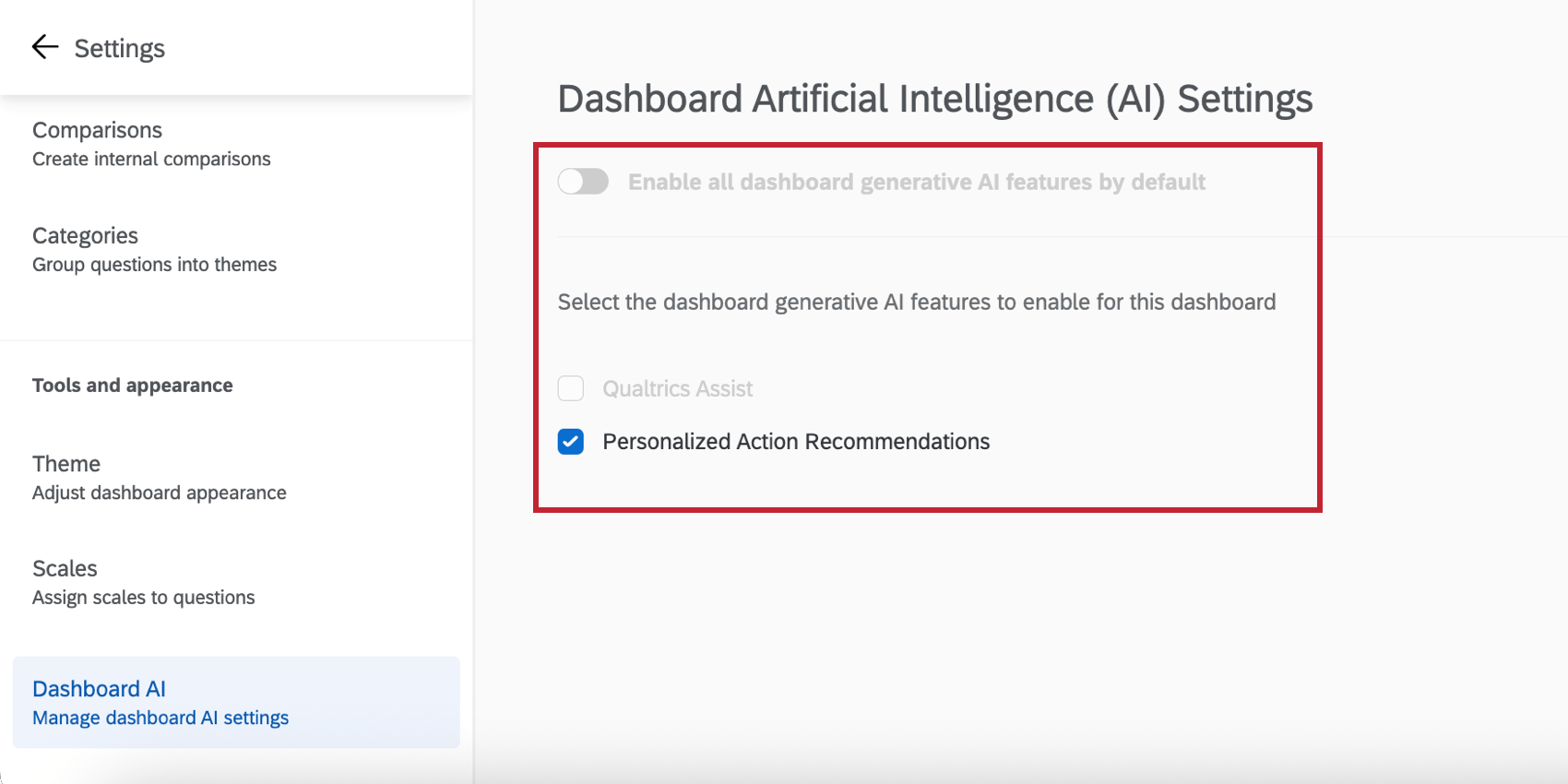 enabling and disabling different AI features in an EX dashboard