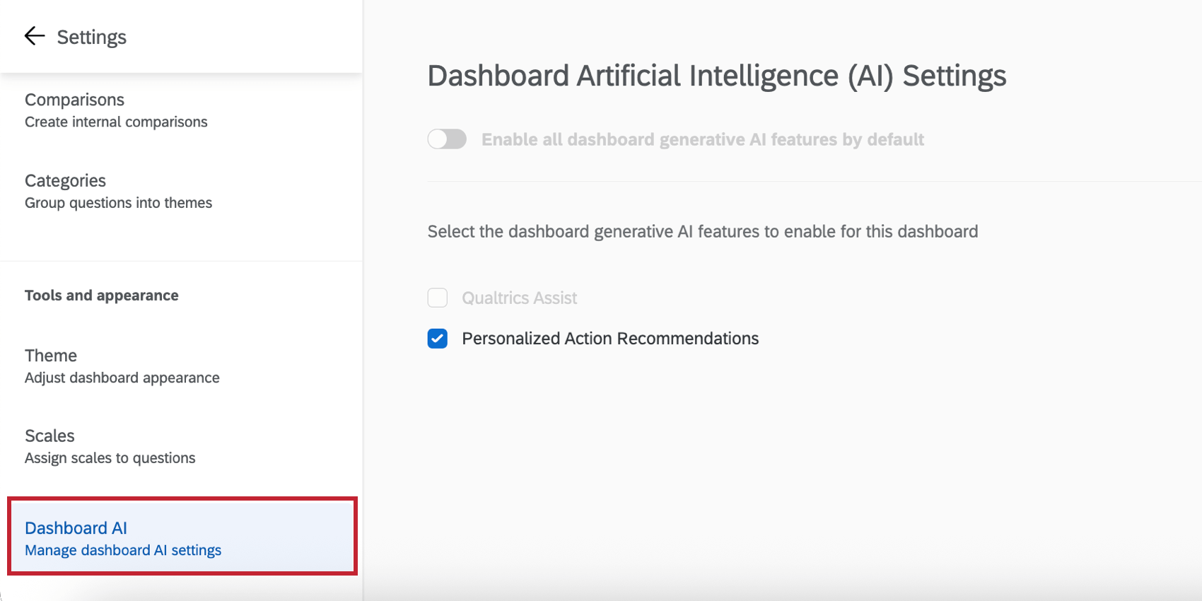 The "Dashboard AI" section of dashboard settings