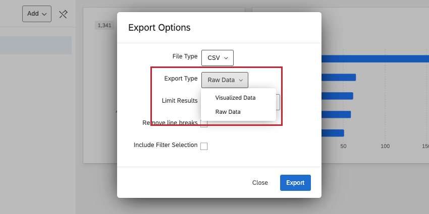 exporting something in csv and seeing an export type field appear where you can select either visualized data or raw data