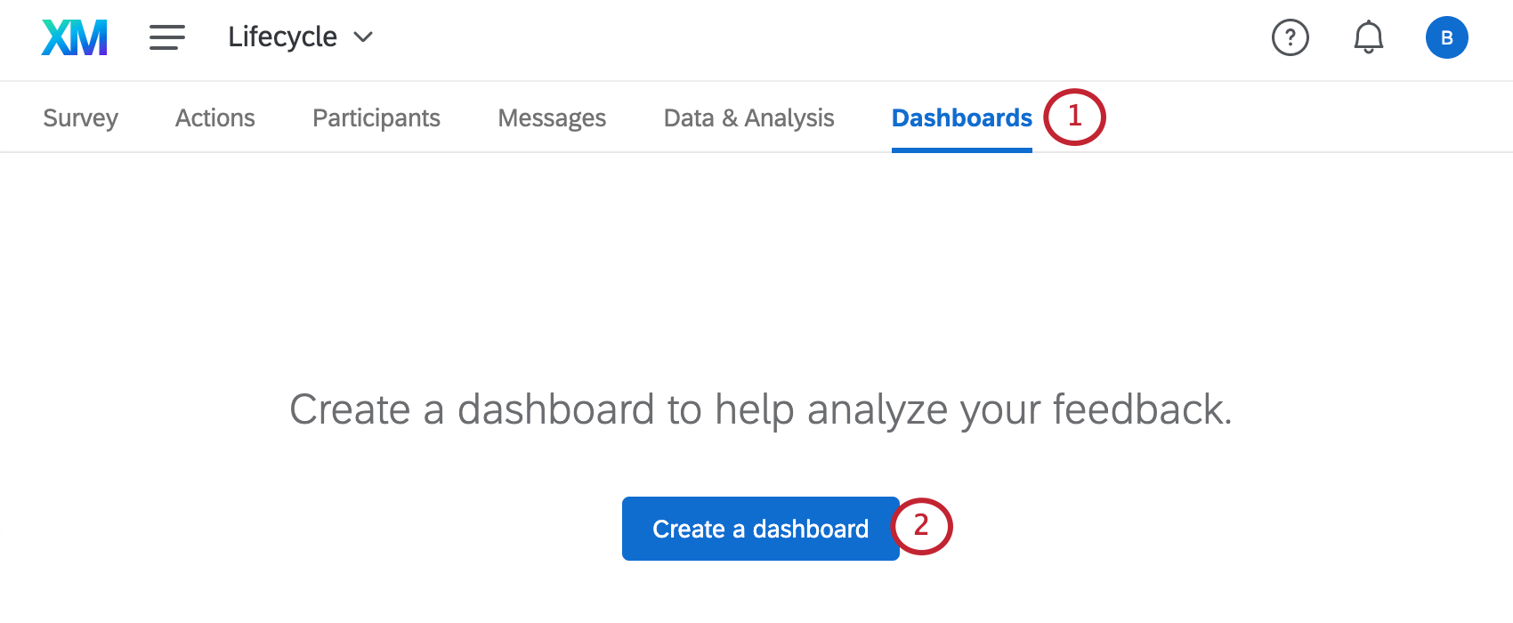 Schaltfläche Dashboard erstellen in der Mitte der Registerkarte Dashboards (da noch keine Dashboards angelegt wurden)