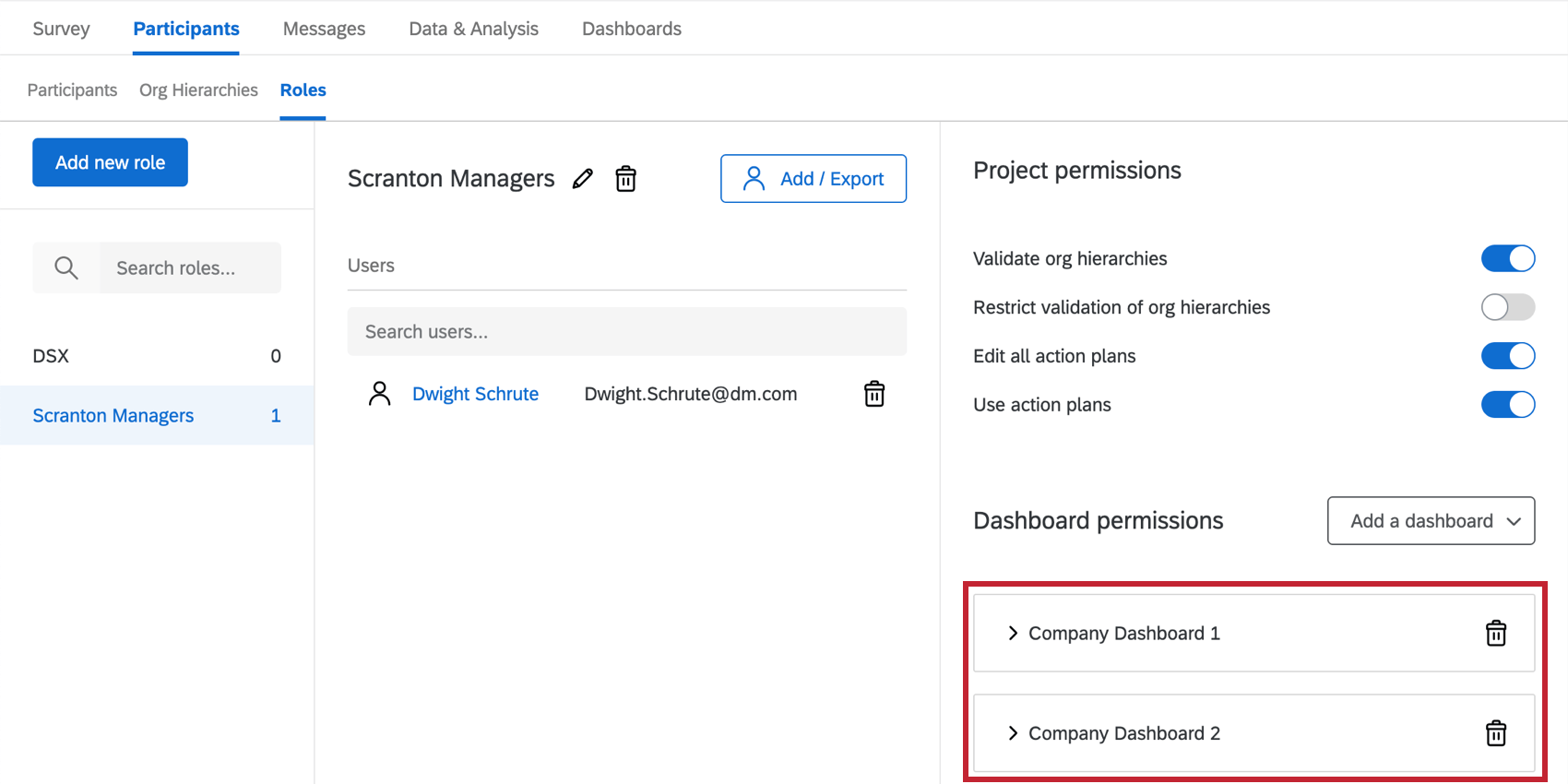 A role. On the far-right, dashboard permissions are listed