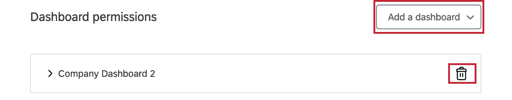 adicionar um menu suspenso dashboard no canto superior direito; ícone de lixeira no canto direito de cada dashboard adicionado