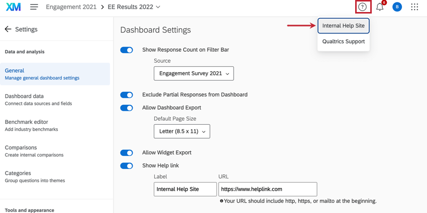 facendo clic sullicona del punto interrogativo per visualizzare il link alla guida personalizzata