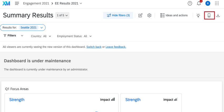 El botón de vista previa móvil en la parte superior del Tablero