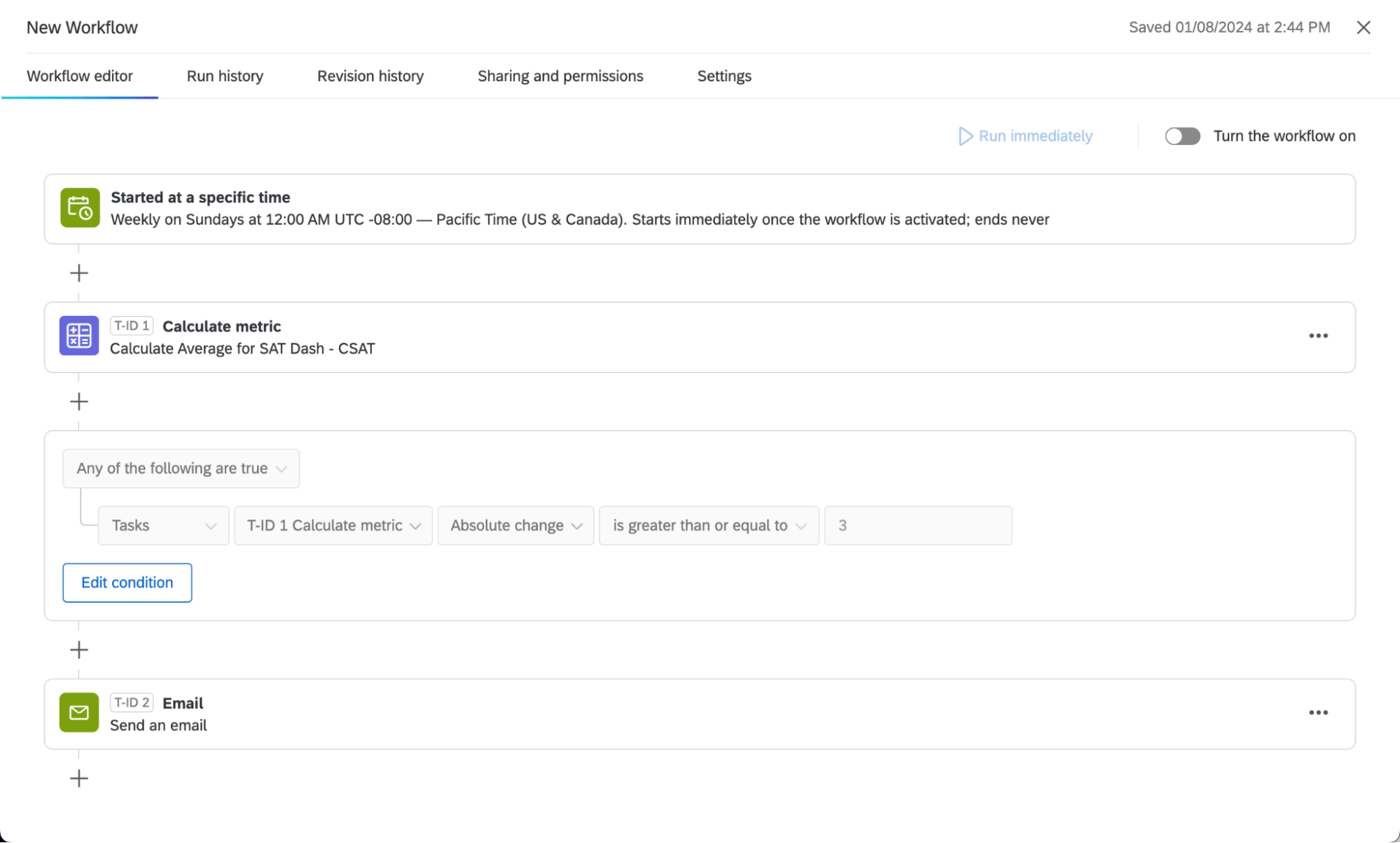 calcular a tarefa de métrica que resultados em um e-mail