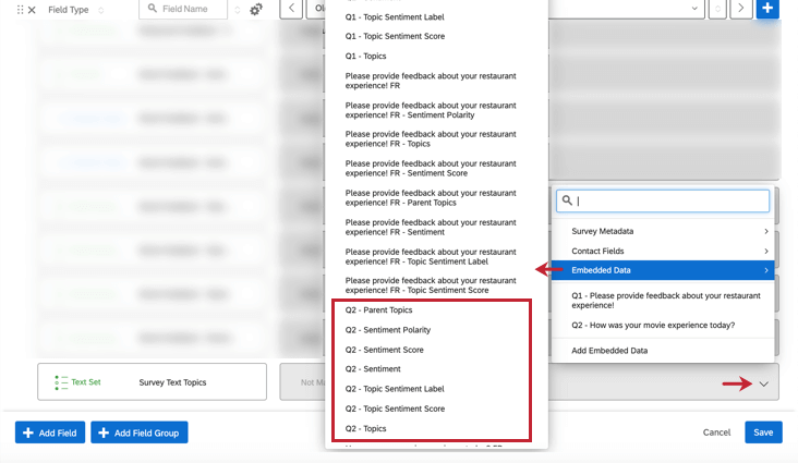 Asignar un nuevo campo en los datos del Tablero y abrir menús para seleccionar campos de análisis de texto