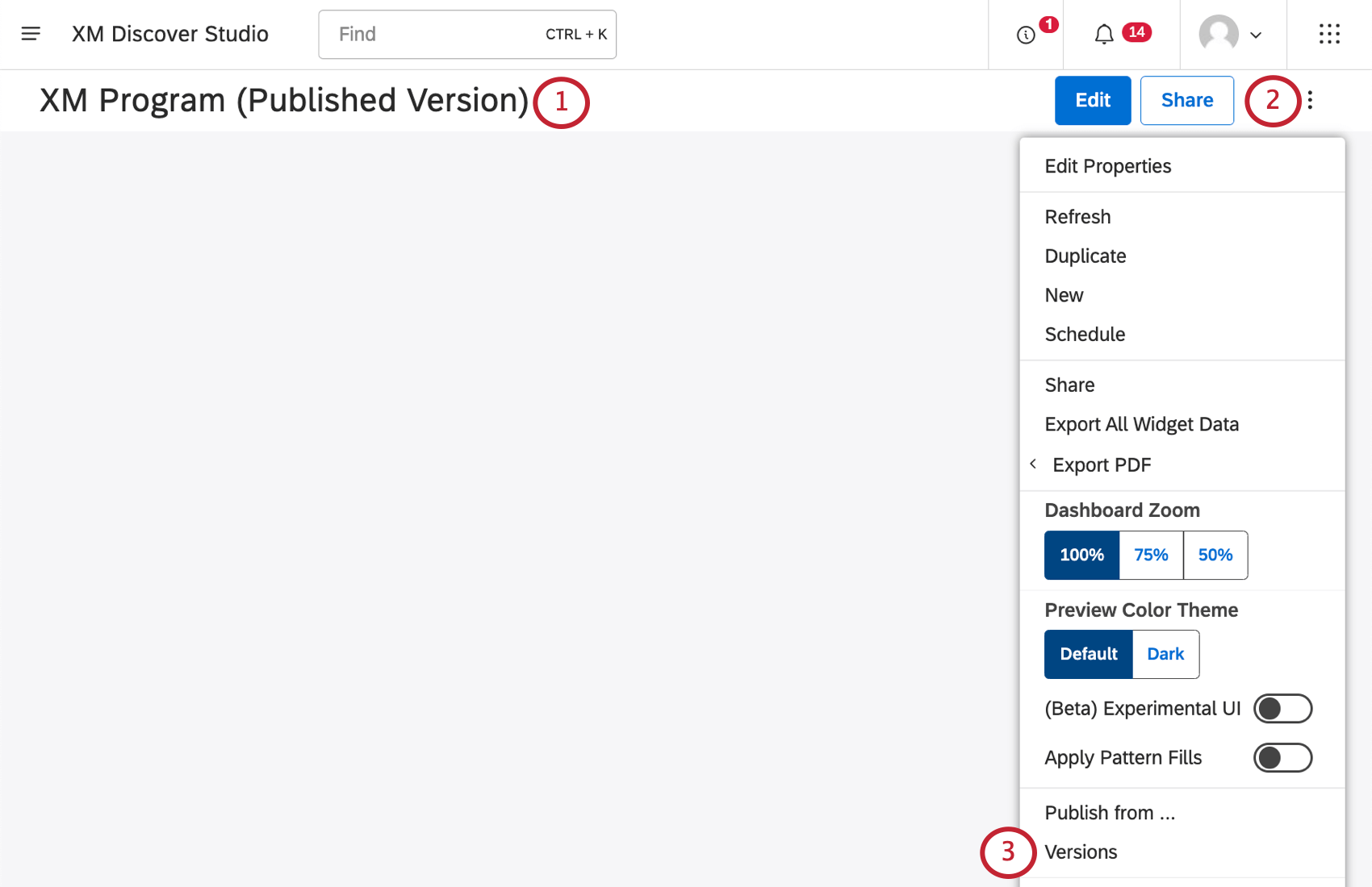 Dentro de um dashboard, abrindo o menu de 3 pontos