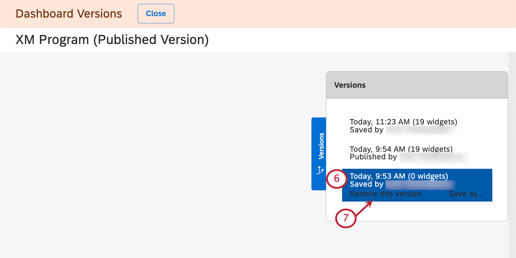 fenêtre de navigation des versions
