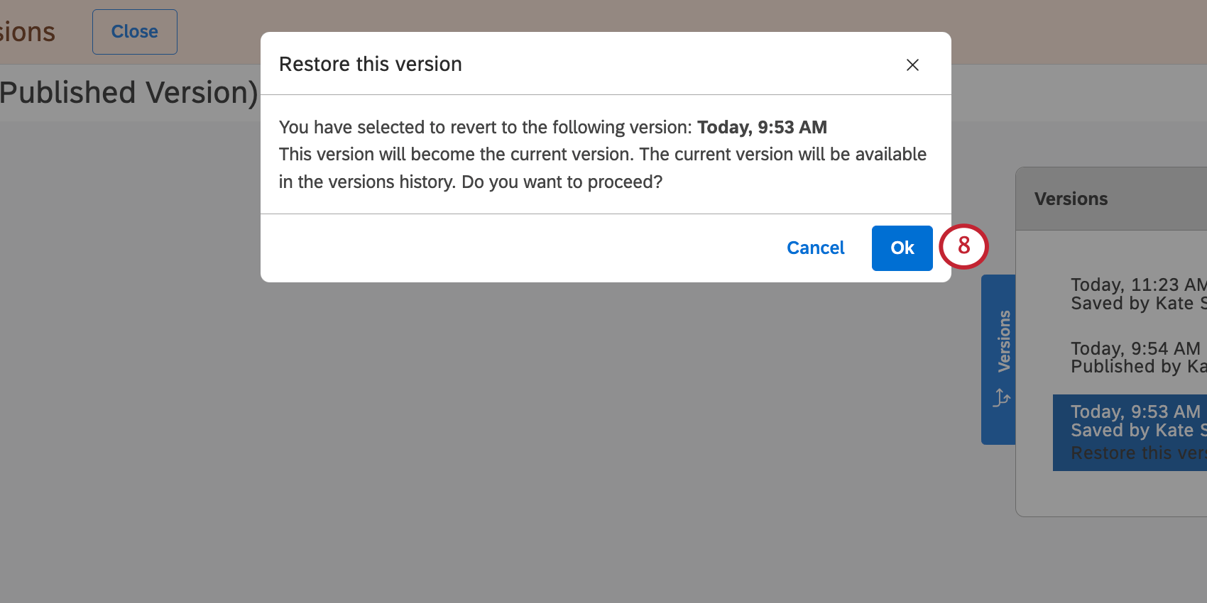 new window where you confirm restoration