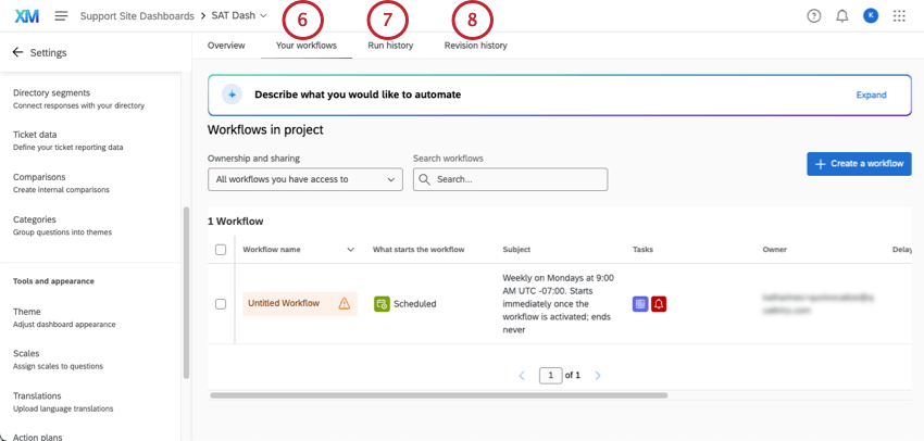 hervorgehobene Registerkarten oben auf der Dashboard-Seite: Ihre Workflows, Ausführungsverläufe und Revisionsverläufe