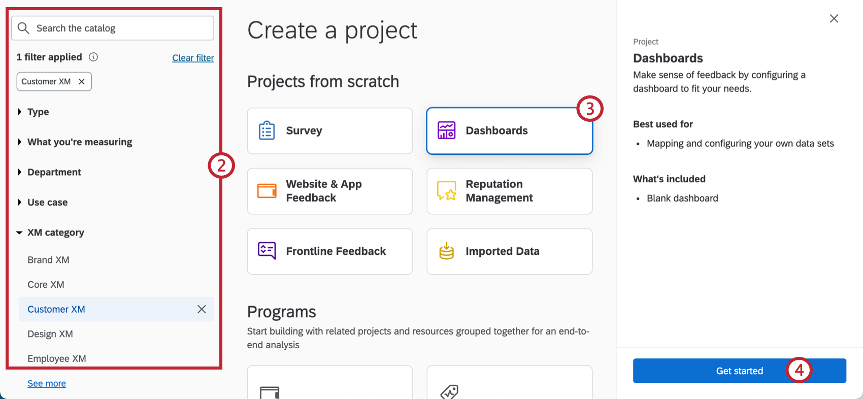 Filters and search bar along the top of the catalog, chosen project appears as a tile. Once the tile is clicked, a menu opens on the right with a description and a get started button