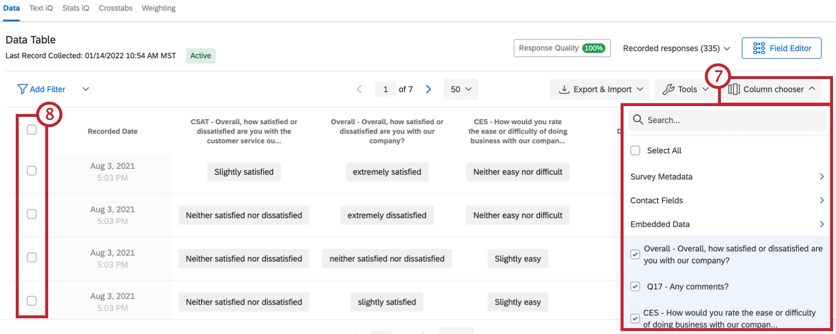 the column chooser menu