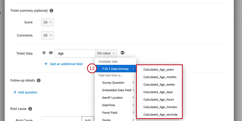 the transformed data fields available in the piped text menu