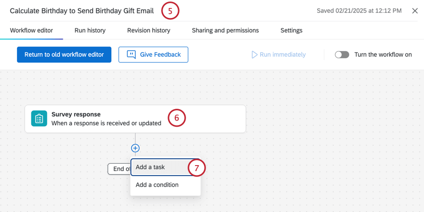 umbenennen des Workflows, Festlegen des Ereignisses und anschließendes Hinzufügen einer Aufgabe