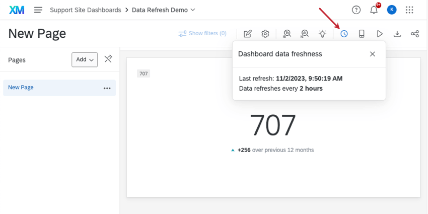 Clicar no relógio em um dashboard e ver as informações de atualização de dados