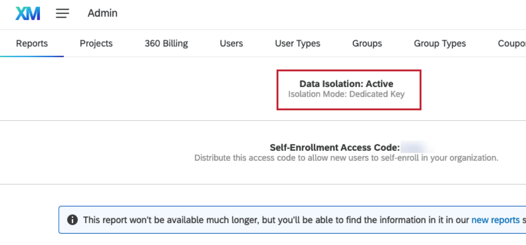 a "data isolation" label at the top of legacy admin reports