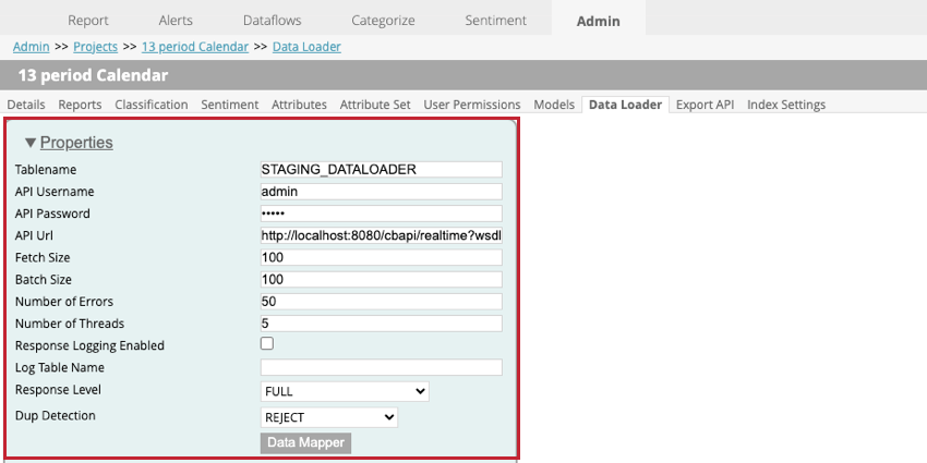 the data loader settings
