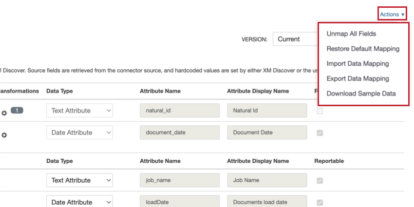 the data actions menu